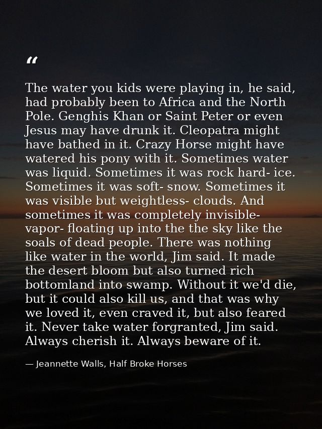 The water you kids were playing in, he said, had probably been to Africa and the North Pole. Genghis Khan or Saint Peter — Jeannette Walls, Half Broke Horses