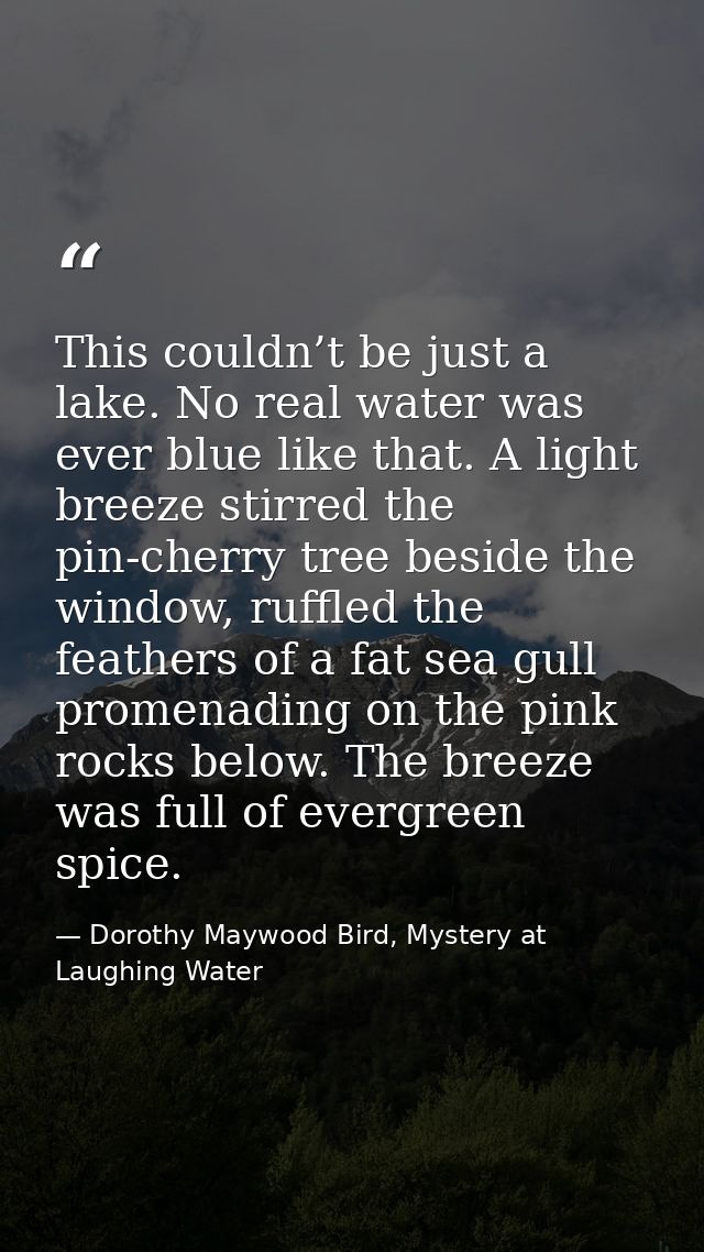 This couldn’t be just a lake. No real water was ever blue like that. A light breeze stirred the pin-cherry tree beside t — Dorothy Maywood Bird, Mystery at Laughing Water