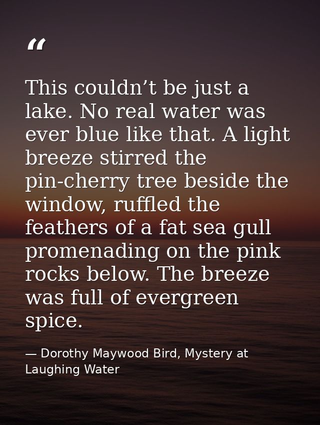 This couldn’t be just a lake. No real water was ever blue like that. A light breeze stirred the pin-cherry tree beside t — Dorothy Maywood Bird, Mystery at Laughing Water