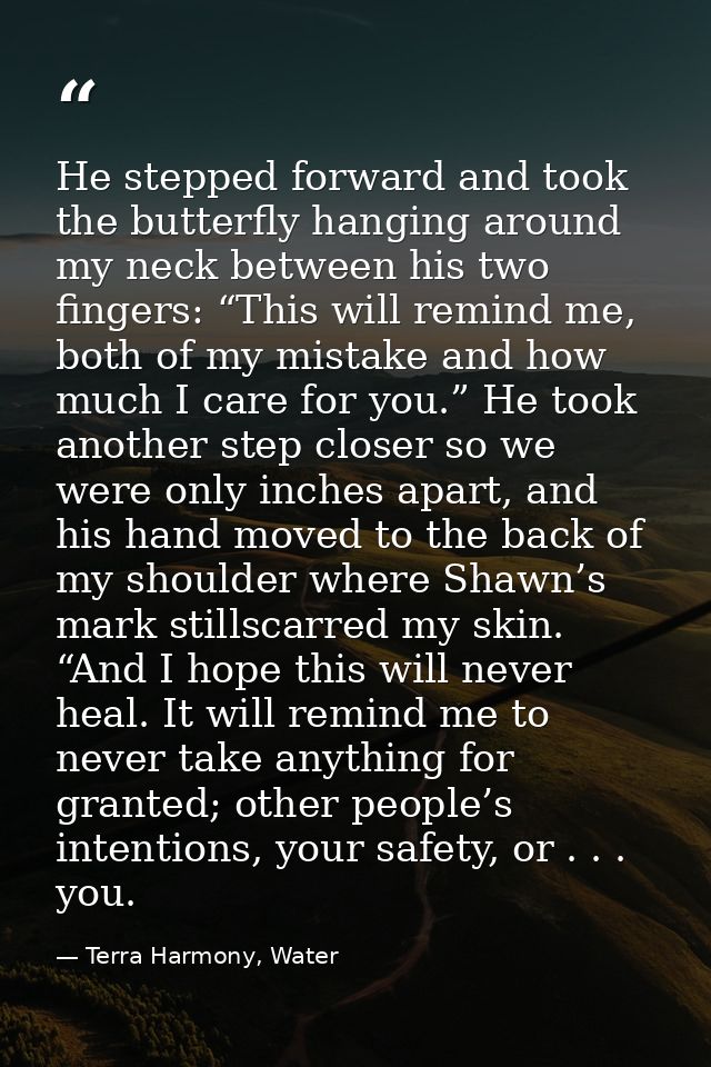 He stepped forward and took the butterfly hanging around my neck between his two fingers: “This will remind me, both of  — Terra Harmony, Water