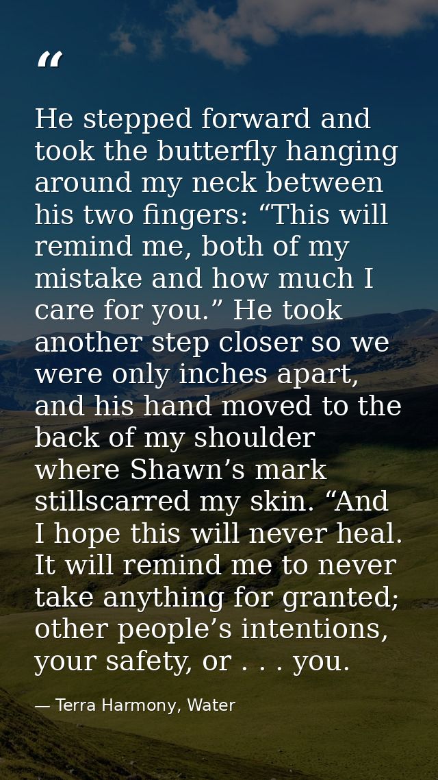 He stepped forward and took the butterfly hanging around my neck between his two fingers: “This will remind me, both of  — Terra Harmony, Water