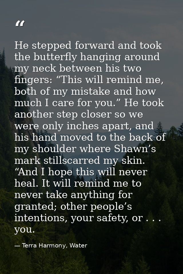 He stepped forward and took the butterfly hanging around my neck between his two fingers: “This will remind me, both of  — Terra Harmony, Water