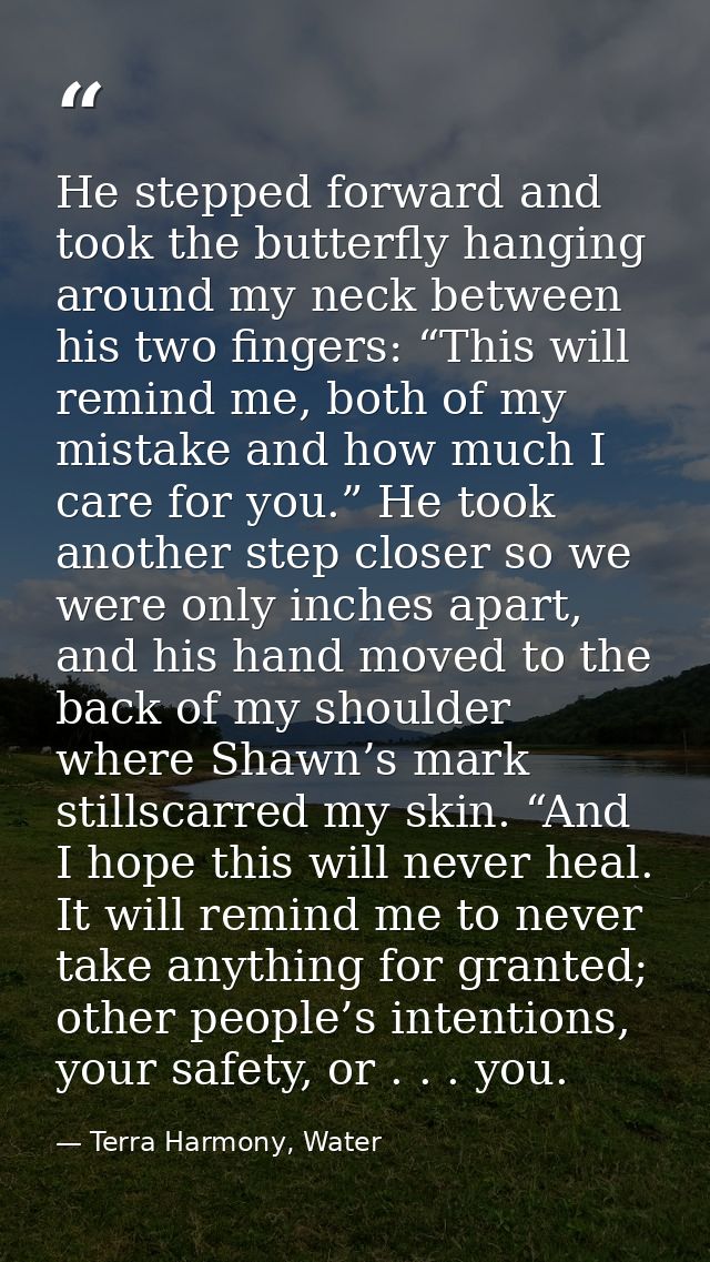 He stepped forward and took the butterfly hanging around my neck between his two fingers: “This will remind me, both of  — Terra Harmony, Water