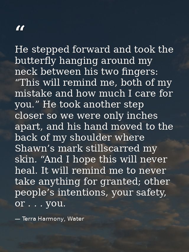 He stepped forward and took the butterfly hanging around my neck between his two fingers: “This will remind me, both of  — Terra Harmony, Water