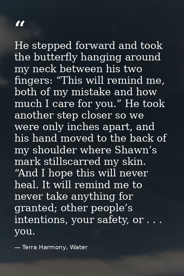 He stepped forward and took the butterfly hanging around my neck between his two fingers: “This will remind me, both of  — Terra Harmony, Water