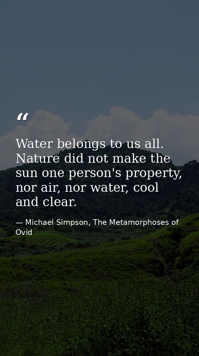 Water belongs to us all. Nature did not make the sun one person's property, nor air, nor water, cool and clear. — Michael Simpson, The Metamorphoses of Ovid