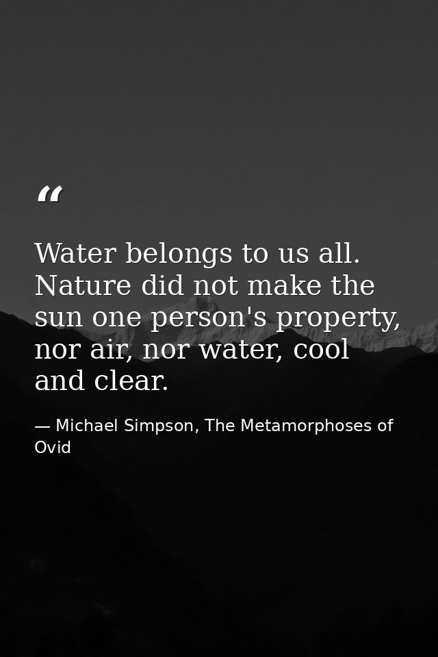 Water belongs to us all. Nature did not make the sun one person's property, nor air, nor water, cool and clear. — Michael Simpson, The Metamorphoses of Ovid