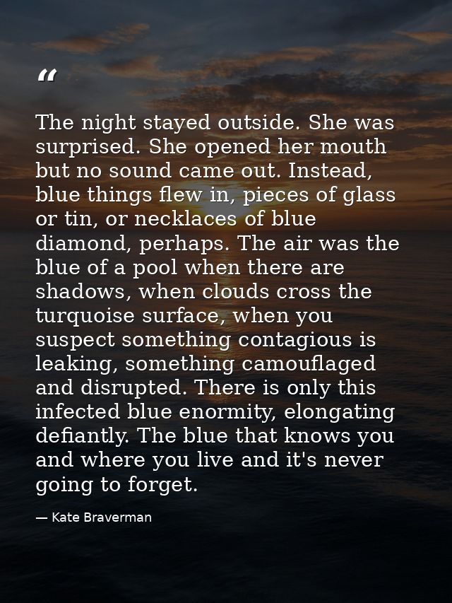 The night stayed outside. She was surprised. She opened her mouth but no sound came out. Instead, blue things flew in, p — Kate Braverman