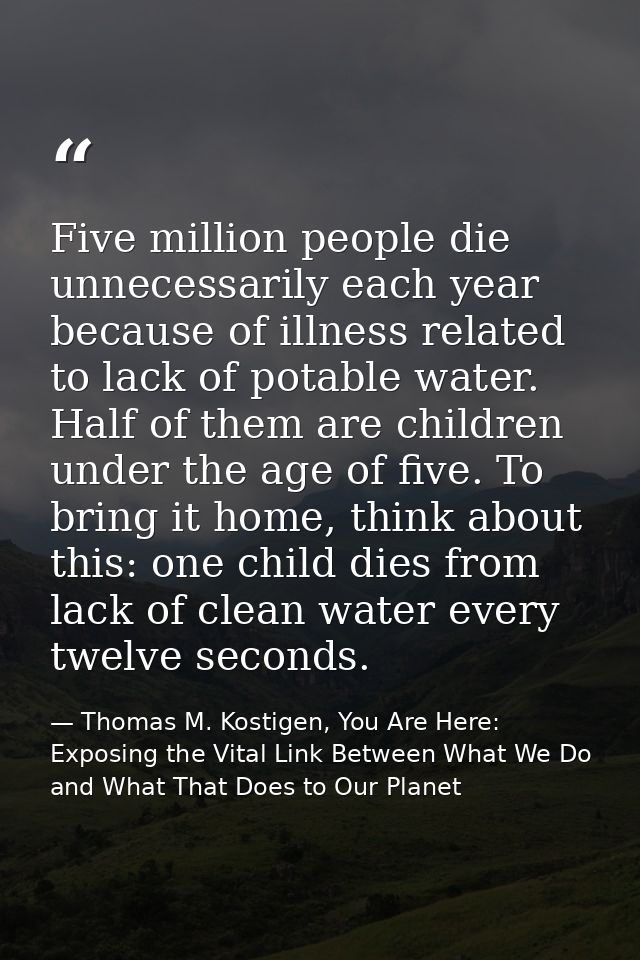 Five million people die unnecessarily each year because of illness related to lack of potable water. Half of them are ch — Thomas M. Kostigen, You Are Here: Exposing the Vital Link Between What We Do and What That Does to Our Planet