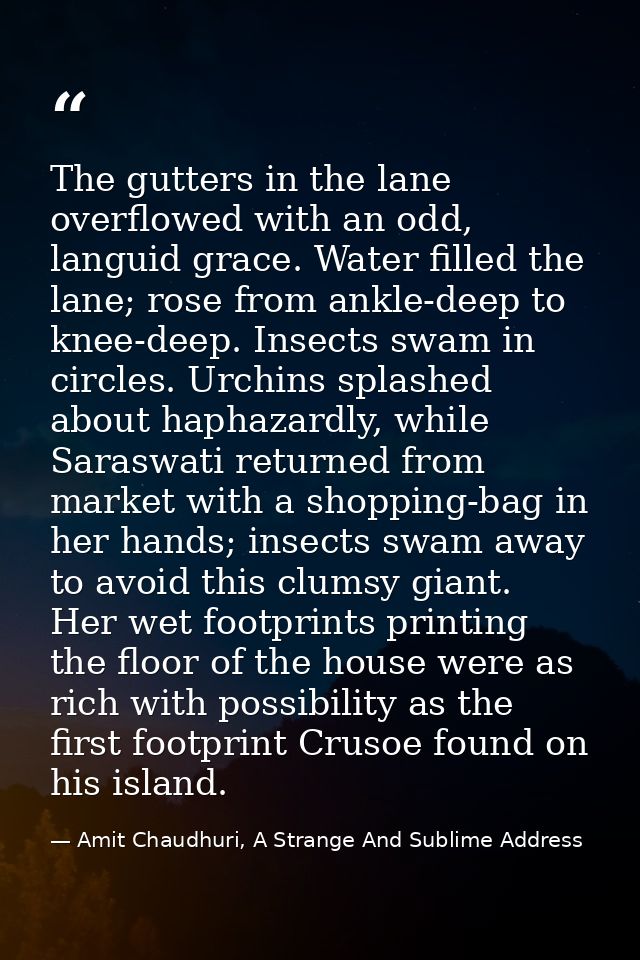 The gutters in the lane overflowed with an odd, languid grace. Water filled the lane; rose from ankle-deep to knee-deep. — Amit Chaudhuri, A Strange And Sublime Address