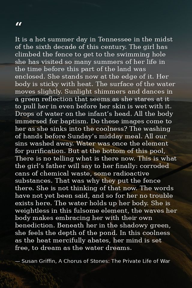 It is a hot summer day in Tennessee in the midst of the sixth decade of this century. The girl has climbed the fence to  — Susan Griffin, A Chorus of Stones: The Private Life of War