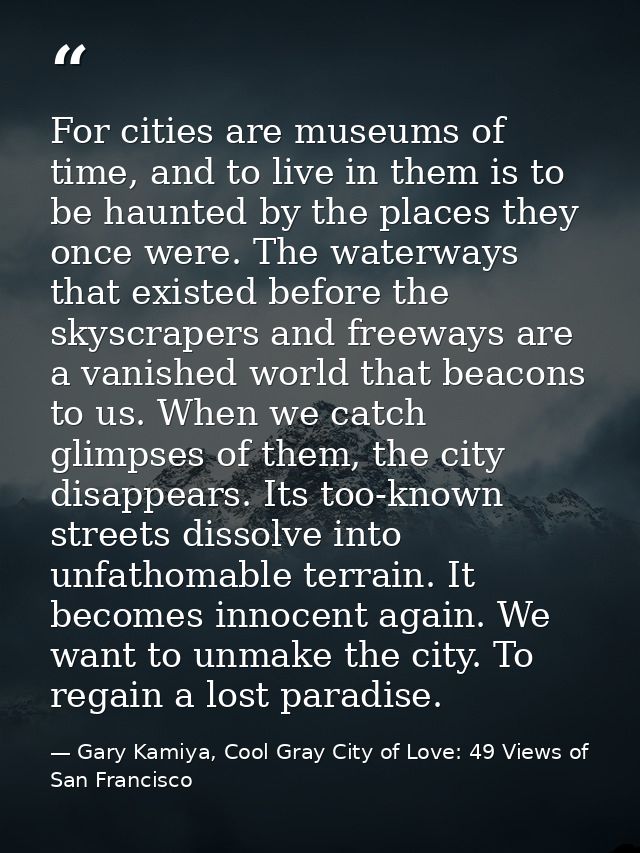 For cities are museums of time, and to live in them is to be haunted by the places they once were. The waterways that ex — Gary Kamiya, Cool Gray City of Love: 49 Views of San Francisco