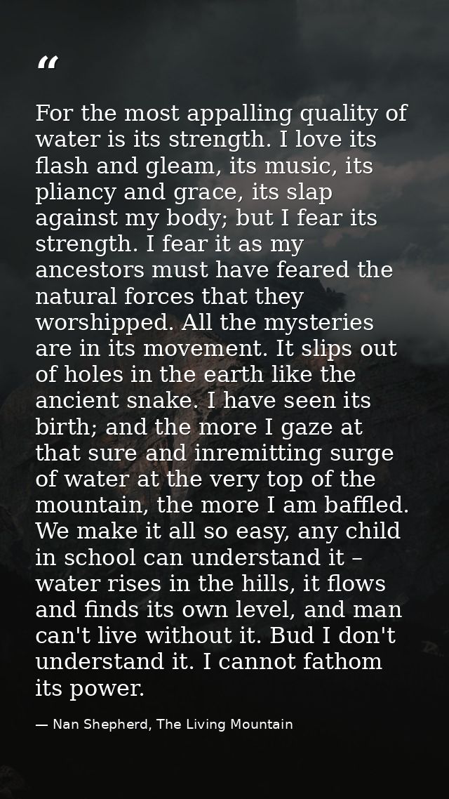 For the most appalling quality of water is its strength. I love its flash and gleam, its music, its pliancy and grace, i — Nan Shepherd, The Living Mountain