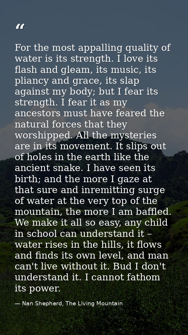 For the most appalling quality of water is its strength. I love its flash and gleam, its music, its pliancy and grace, i — Nan Shepherd, The Living Mountain