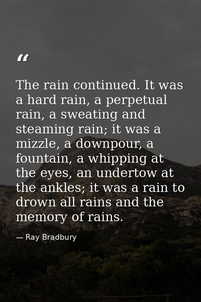 The rain continued. It was a hard rain, a perpetual rain, a sweating and steaming rain; it was a mizzle, a downpour, a f — Ray Bradbury