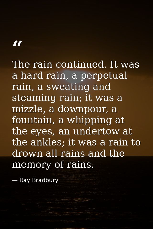 The rain continued. It was a hard rain, a perpetual rain, a sweating and steaming rain; it was a mizzle, a downpour, a f — Ray Bradbury