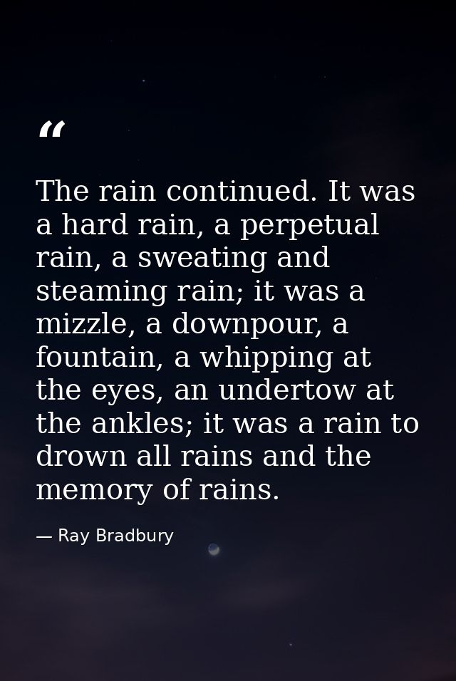 The rain continued. It was a hard rain, a perpetual rain, a sweating and steaming rain; it was a mizzle, a downpour, a f — Ray Bradbury