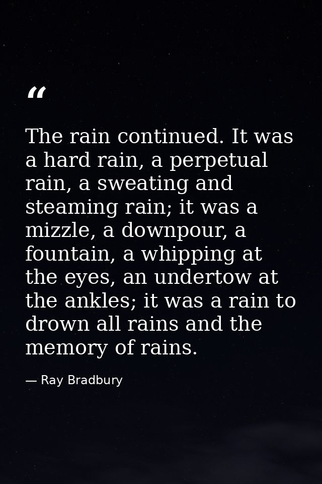 The rain continued. It was a hard rain, a perpetual rain, a sweating and steaming rain; it was a mizzle, a downpour, a f — Ray Bradbury