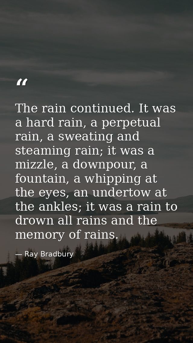 The rain continued. It was a hard rain, a perpetual rain, a sweating and steaming rain; it was a mizzle, a downpour, a f — Ray Bradbury