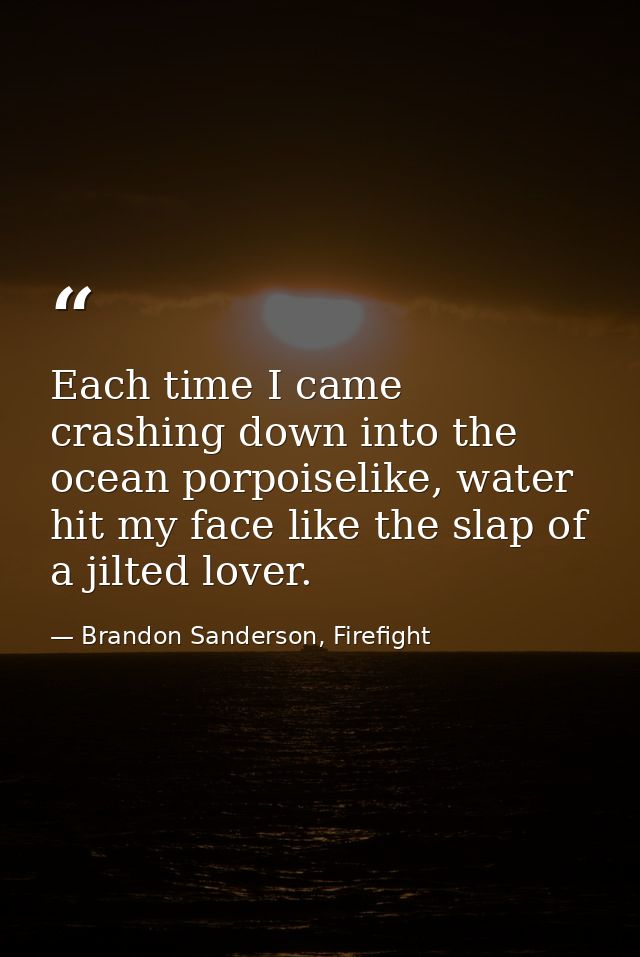 Each time I came crashing down into the ocean porpoiselike, water hit my face like the slap of a jilted lover. — Brandon Sanderson, Firefight