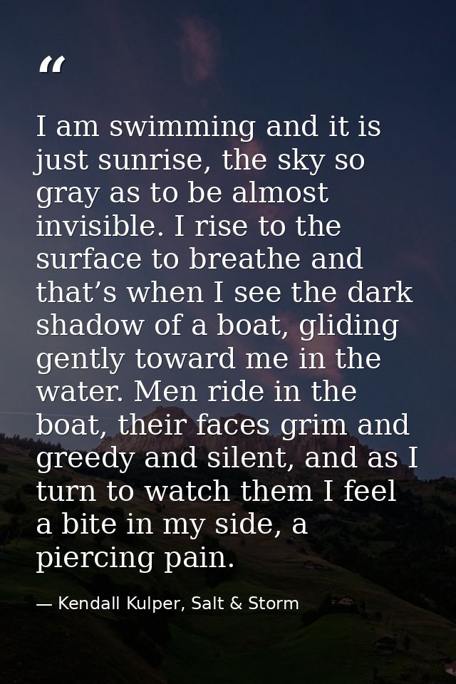 I am swimming and it is just sunrise, the sky so gray as to be almost invisible. I rise to the surface to breathe and th — Kendall Kulper, Salt & Storm
