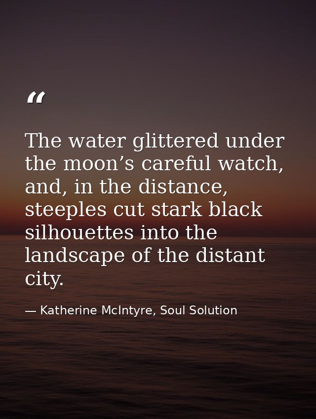 The water glittered under the moon’s careful watch, and, in the distance, steeples cut stark black silhouettes into the  — Katherine McIntyre, Soul Solution