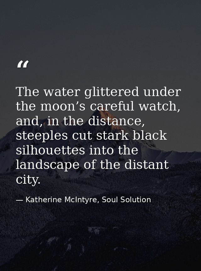 The water glittered under the moon’s careful watch, and, in the distance, steeples cut stark black silhouettes into the  — Katherine McIntyre, Soul Solution