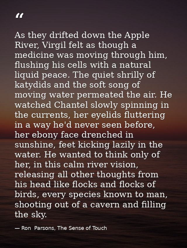 As they drifted down the Apple River, Virgil felt as though a medicine was moving through him, flushing his cells with a — Ron  Parsons, The Sense of Touch