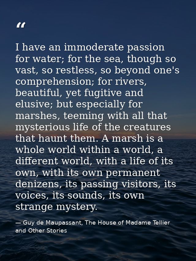 I have an immoderate passion for water; for the sea, though so vast, so restless, so beyond one's comprehension; for riv — Guy de Maupassant, The House of Madame Tellier and Other Stories