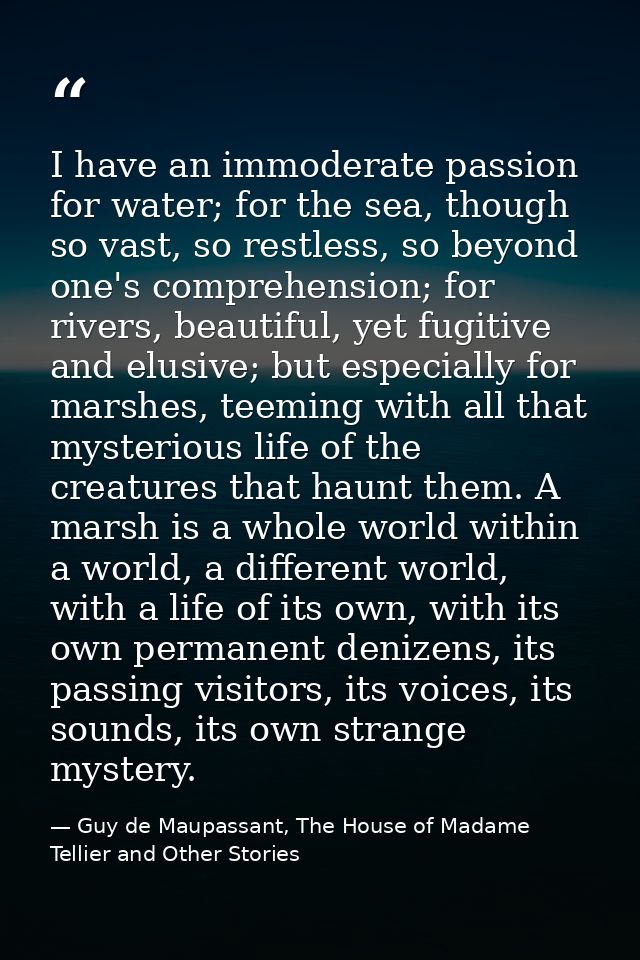 I have an immoderate passion for water; for the sea, though so vast, so restless, so beyond one's comprehension; for riv — Guy de Maupassant, The House of Madame Tellier and Other Stories