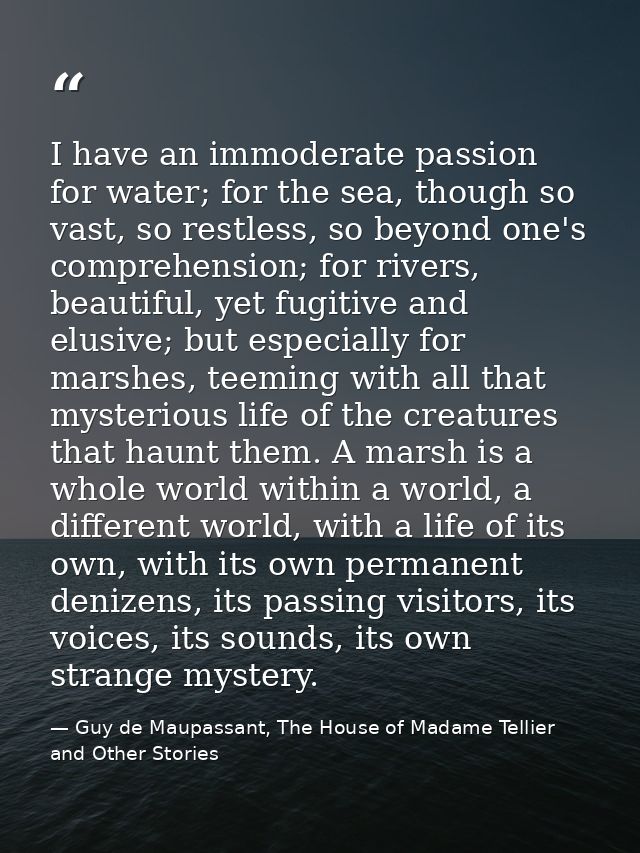 I have an immoderate passion for water; for the sea, though so vast, so restless, so beyond one's comprehension; for riv — Guy de Maupassant, The House of Madame Tellier and Other Stories