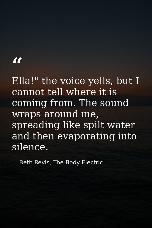 Ella!" the voice yells, but I cannot tell where it is coming from. The sound wraps around me, spreading like spilt water — Beth Revis, The Body Electric