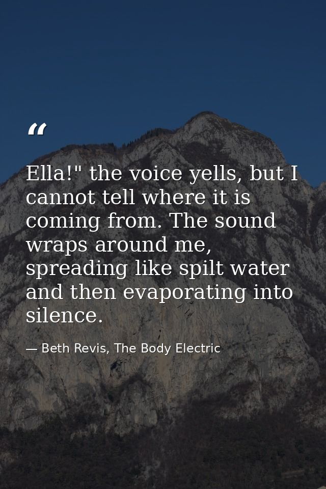 Ella!" the voice yells, but I cannot tell where it is coming from. The sound wraps around me, spreading like spilt water — Beth Revis, The Body Electric