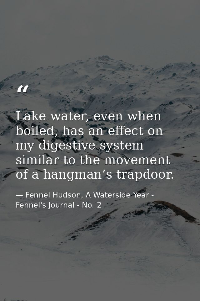 Lake water, even when boiled, has an effect on my digestive system similar to the movement of a hangman’s trapdoor. — Fennel Hudson, A Waterside Year - Fennel's Journal - No. 2