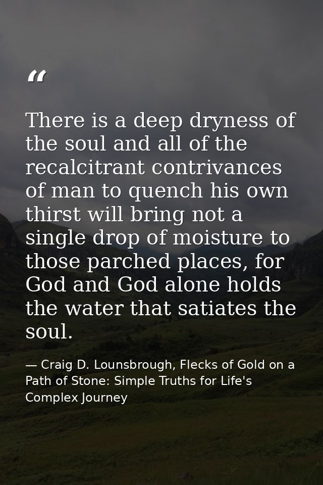 There is a deep dryness of the soul and all of the recalcitrant contrivances of man to quench his own thirst will bring  — Craig D. Lounsbrough, Flecks of Gold on a Path of Stone: Simple Truths for Life's Complex Journey