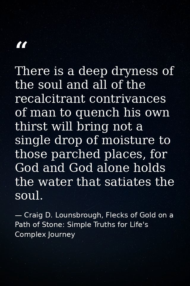 There is a deep dryness of the soul and all of the recalcitrant contrivances of man to quench his own thirst will bring  — Craig D. Lounsbrough, Flecks of Gold on a Path of Stone: Simple Truths for Life's Complex Journey