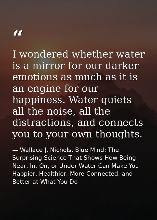 I wondered whether water is a mirror for our darker emotions as much as it is an engine for our happiness. Water quiets  — Wallace J. Nichols, Blue Mind: The Surprising Science That Shows How Being Near, In, On, or Under Water Can Make You Happier, Healthier, More Connected, and Better at What You Do