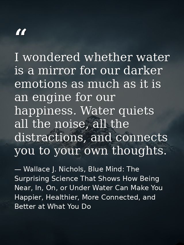 I wondered whether water is a mirror for our darker emotions as much as it is an engine for our happiness. Water quiets  — Wallace J. Nichols, Blue Mind: The Surprising Science That Shows How Being Near, In, On, or Under Water Can Make You Happier, Healthier, More Connected, and Better at What You Do