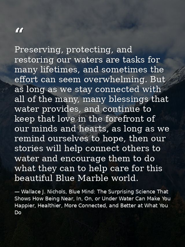 Preserving, protecting, and restoring our waters are tasks for many lifetimes, and sometimes the effort can seem overwhe — Wallace J. Nichols, Blue Mind: The Surprising Science That Shows How Being Near, In, On, or Under Water Can Make You Happier, Healthier, More Connected, and Better at What You Do