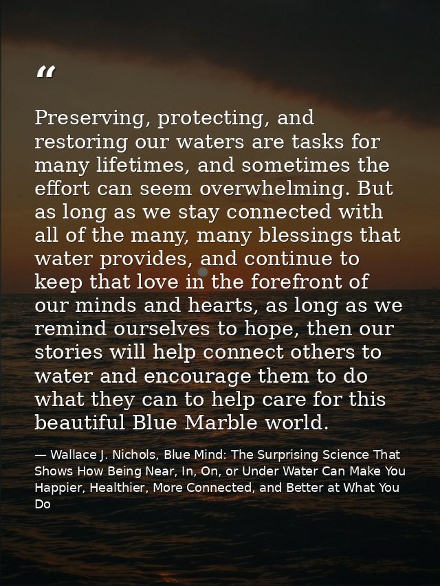 Preserving, protecting, and restoring our waters are tasks for many lifetimes, and sometimes the effort can seem overwhe — Wallace J. Nichols, Blue Mind: The Surprising Science That Shows How Being Near, In, On, or Under Water Can Make You Happier, Healthier, More Connected, and Better at What You Do