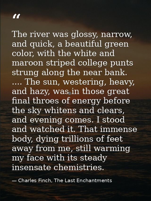 The river was glossy, narrow, and quick, a beautiful green color, with the white and maroon striped college punts strung — Charles Finch, The Last Enchantments