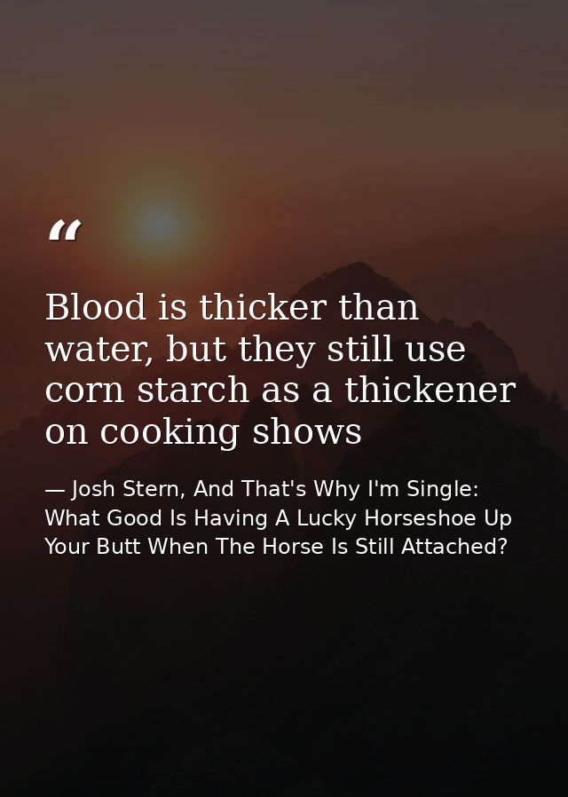 Blood is thicker than water, but they still use corn starch as a thickener on cooking shows — Josh Stern, And That's Why I'm Single: What Good Is Having A Lucky Horseshoe Up Your Butt When The Horse Is Still Attached?