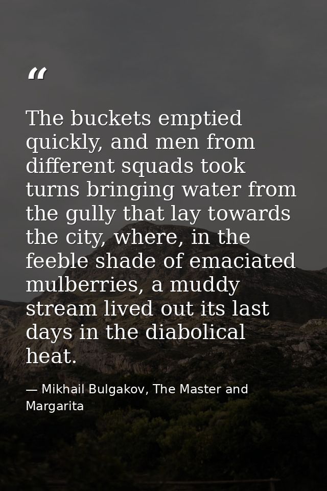 The buckets emptied quickly, and men from different squads took turns bringing water from the gully that lay towards the — Mikhail Bulgakov, The Master and Margarita