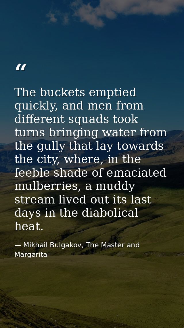 The buckets emptied quickly, and men from different squads took turns bringing water from the gully that lay towards the — Mikhail Bulgakov, The Master and Margarita
