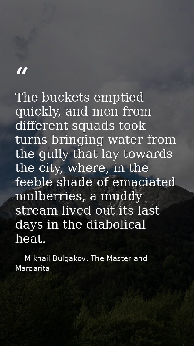 The buckets emptied quickly, and men from different squads took turns bringing water from the gully that lay towards the — Mikhail Bulgakov, The Master and Margarita
