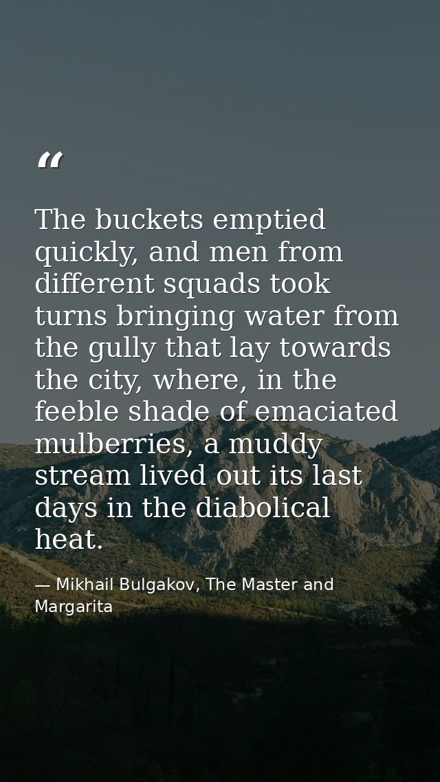 The buckets emptied quickly, and men from different squads took turns bringing water from the gully that lay towards the — Mikhail Bulgakov, The Master and Margarita