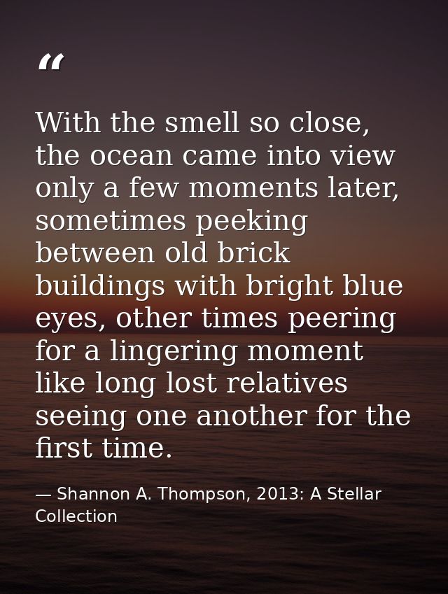 With the smell so close, the ocean came into view only a few moments later, sometimes peeking between old brick building — Shannon A. Thompson, 2013: A Stellar Collection