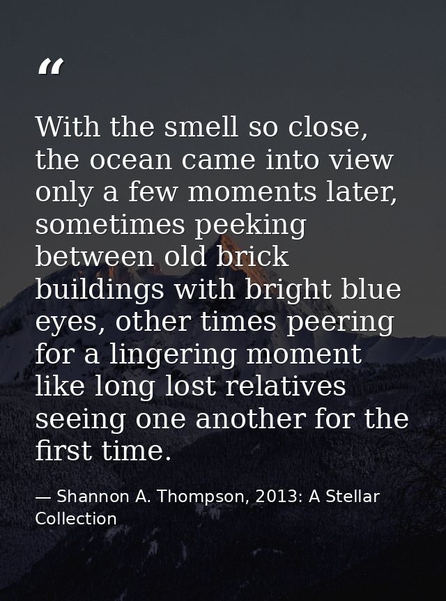 With the smell so close, the ocean came into view only a few moments later, sometimes peeking between old brick building — Shannon A. Thompson, 2013: A Stellar Collection