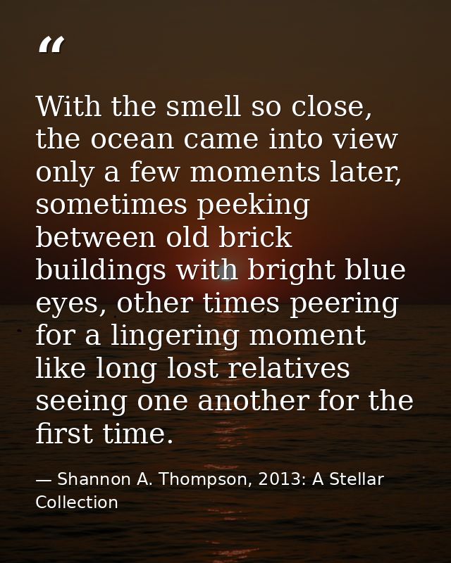 With the smell so close, the ocean came into view only a few moments later, sometimes peeking between old brick building — Shannon A. Thompson, 2013: A Stellar Collection