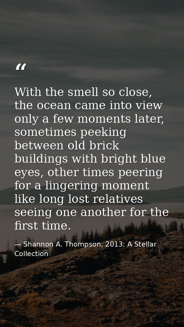 With the smell so close, the ocean came into view only a few moments later, sometimes peeking between old brick building — Shannon A. Thompson, 2013: A Stellar Collection
